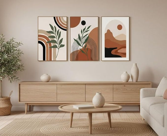 SAFERRYHOME Boho Abstract Wall Art, Mid Century Bohemian Wall Decor Framed Canvas Set of 3, Modern Minimalist Artwork Botanical Painting Prints Pictures for Living Room Bedroom Bathroom, 16x24 inch