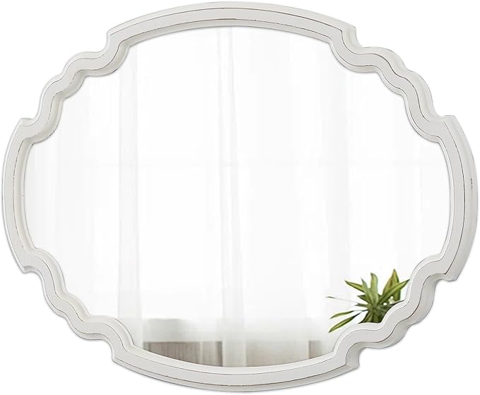 Rustic Oval Mirror 22 X 30 Inch, Hanging Distressed White Scalloped Wood Framed Vintage Mirrors for Wall Decor, Farmhouse Mirror Wall Decor for Bathroom Hallway, Horizontal or Vertical