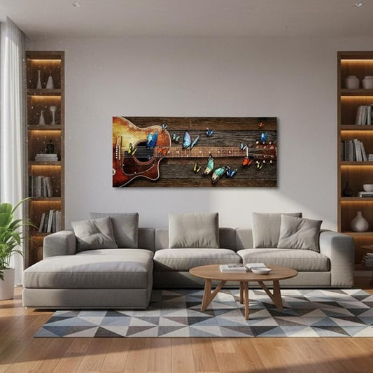 sechars Acoustic Guitar Wall Art Guitar with Butterflies Painting Canvas Print Vintage Music Room Decor Large 20"x48"