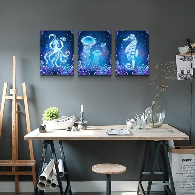 Lapremoly Framed Wall Decor for Living Room Wall Art Paintings For Bedroom Ready To Hang Bathroom Wall Pictures Modern Home Decoration Artworks Blue Ocean Animal Seascape Canvas Prints 3 Pieces