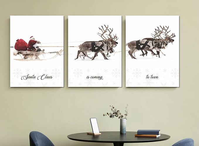 Christmas Wall Art Framed Prints 12x16 Santa Claus Reindeer Sleigh Decoration Aesthetic Ready to Hang Decor Large Xmas Posters Canvas Room Decor Artwork Living Room Set Of 3