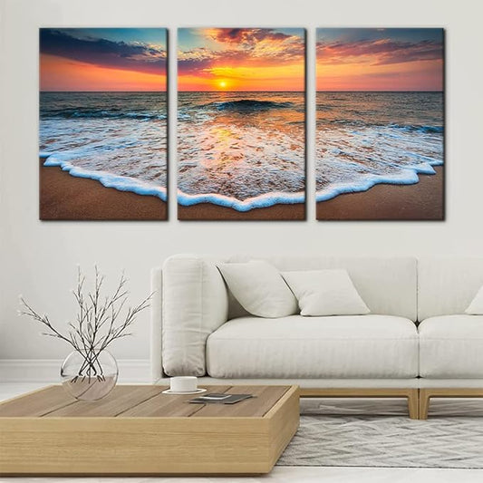 Pacimo 3 Pieces Wall Art Decor Beach Canvas Print Picture Sunrise Ocean Waves Scenery Painting Artwork for Office Wall Decor Home Decoration Stretched and Framed Ready to Hang - 16"x24"x3 Panels