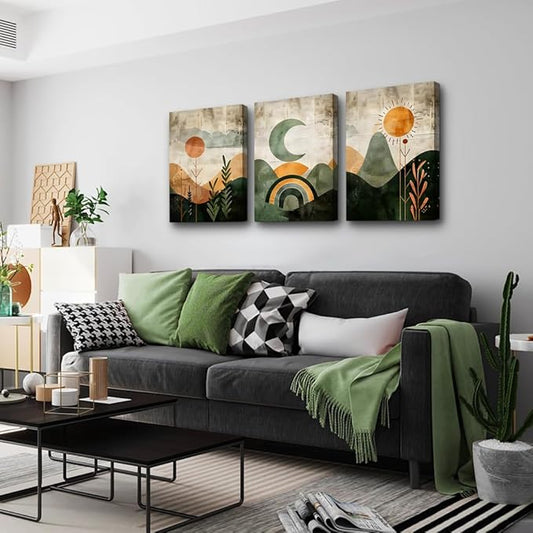 TTHYUEWS Boho Modern Abstract 3-Piece Set Canvas Wall Art For Living Room, Bedroom & Office - Geometry Landscape Abstract Wall Pictures Artwork