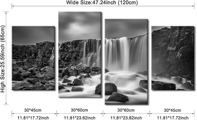 Pyradecor 4 panels Black and White Rocky Waterfall Pictures Paintings on Canvas Wall Art Prints for Wall Decor Living Room Modern Grace Landscape Sea Beach Giclee Canvas Print Artwork Home Decorations
