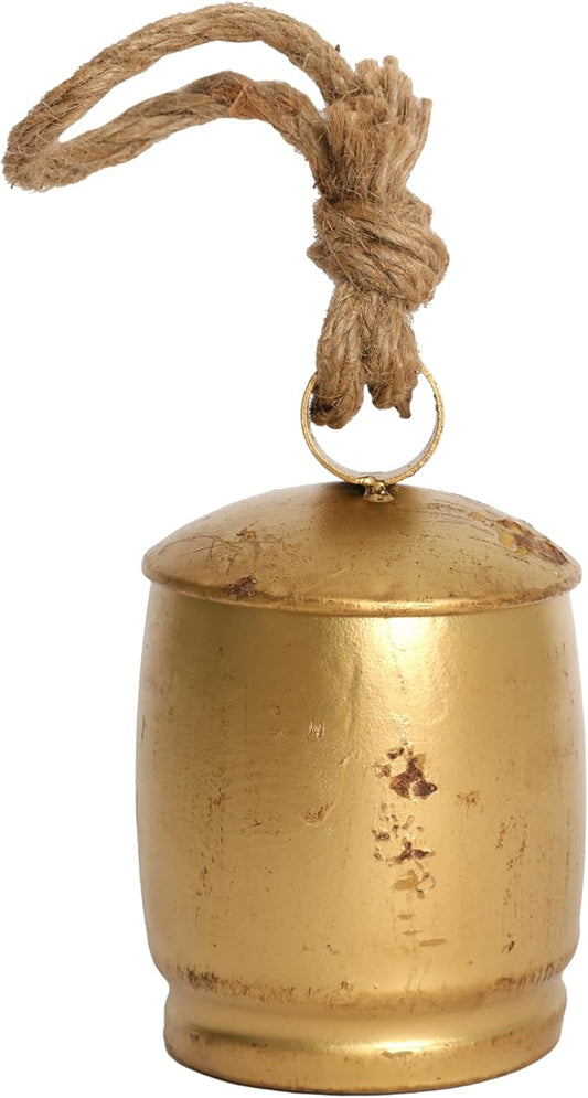 Handmade Vintage Gold Metal Cow Bell Ornament, 5 Inch Rustic Farmhouse Hanging Bell with Jute Rope, Distressed Antique Bell for Door Handles, Wreaths, Wall Hooks, Mantels & Porch Décor