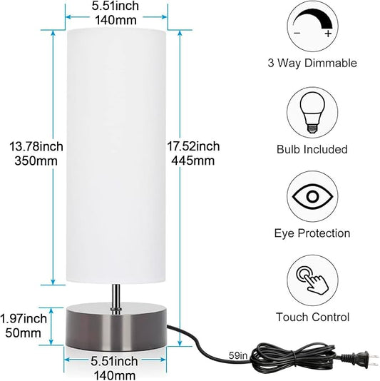 Touch Table Lamp, 3-Way Dimmable Modern Minimalist Accent Bedside Lamp with Cylinder Fabric Shade, Night Light Nightstand Desk Lamp for Bedroom Living Room Kitchen, 9W LED Bulb Included
