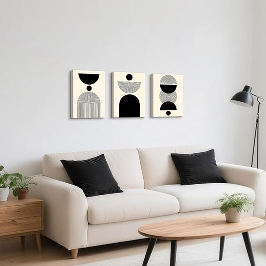 WENGTIAO 3Pcs Boho Abstract Canvas Wall Art,Neutral Minimalist Geometric Line Wall Painting Mid Century Beige Black Art Modern Prints Bohemian Home Decor for Bedroom Living Room Hallway Office 12"X16"x3