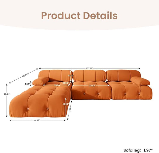 104'' Modular Sectional Sofa, L-Shaped Velvet Modular Couch with Reversible Chaise Ottoman, Modern Cloud Sectional Couches for Living Room, Apartment (3 Seats, 1 Ottoman, Orange) 