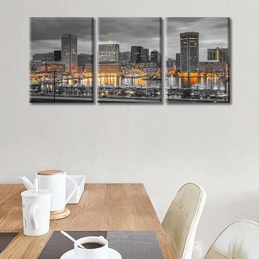 TUMOVO Baltimore City Skyline Canvas Wall Art 3 Panel American Cityscape Pictures Black and White Wall Art Beautiful Cityscape Modern Artwork Wall Decor Framed Ready to Hang (36" Wx16 H)