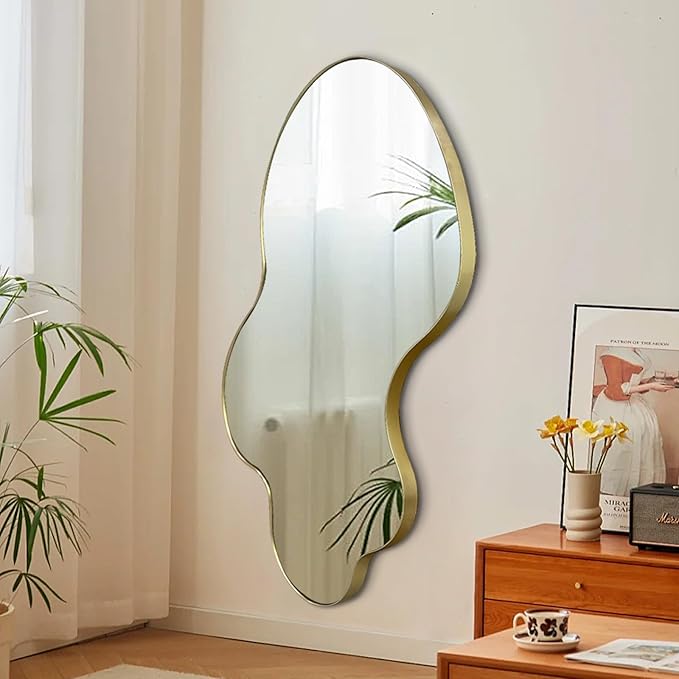 Gold Irregular Mirror, 23.6"x46.5" Asymmetrical Wall Mirror with Metal Frame, Modern Abstract Mirrors for Living Room Bathroom Bedroom Hallway Entryway, Hangs Vertically or Horizontally