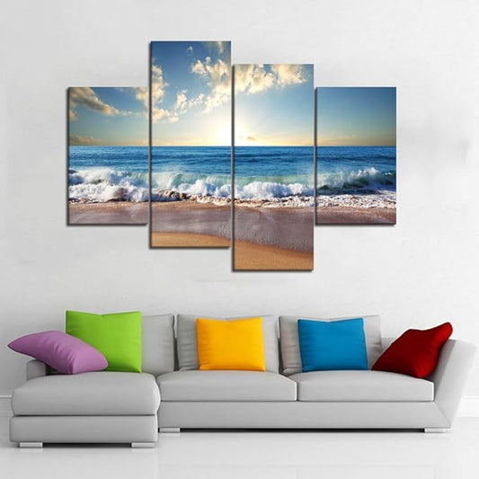 Modern Landscape Beach Ocean Wave Pictures Painting on Canvas 4 Piece Combination Set Landscape Pictures Wall Art for Living Room Home Decor Wooden Framed Stretched Ready to Hang (56" W x 44" H)