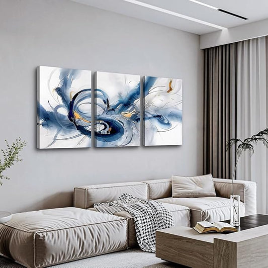 TTHYUEWS Abstract Wall Art For Living Room Canvas Wall Decor For Bedroom Office Decorations Minimalist Art Wall Pictures Blue Abstract Ink Wall Paintings Posters Modern Home Decor Artwork 3 Pieces