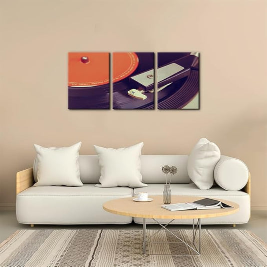 Pacimo 3 Pieces Canvas Wall Art - Old Record Player Pictures Painting Prints on Canvas Retro Musical Instrument Painting Modern Wall Art for Home Decor Stretched and Framed Ready to Hang - 12"x16"x3