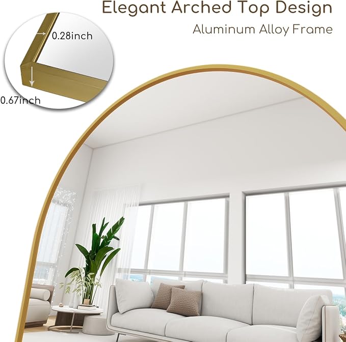 Prywot Arched Floor Mirror, 58 "x 18" Full Length Mirror Wall Mirrors Hanging or Leaning Arched-Top Full Body Mirrors with Stand for Bedroom, Dressing Room, Gold