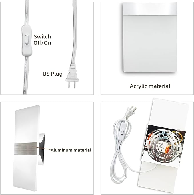 KICAAO Wall Sconces, Modern Wall Sconce Plug in 10W 6000K Cool White Acrylic Wall Lights with 6FT/180cm Plug in Cord and On/Off Switch on The Cord (Warm White 2700K 2Pack)