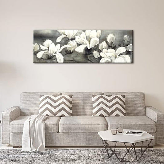 Wieco Art Magnolia Modern Wrapped Floral Artwork Giclee Canvas Prints White and Grey Flowers Pictures Paintings on Canvas Wall Art Ready to Hang for Living Room Bedroom Home Decorations 48x16