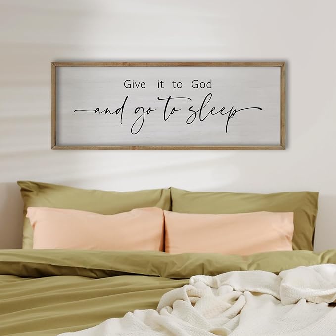FZMHASLWW Give It To God And Go To Sleep Sign Above Bed Wall Decor 32"×12" Master Bedroom Over Bed Rustic Bible Verse Christian God Holy Catholic Farmhouse Horizontal Wall Art (Wood)