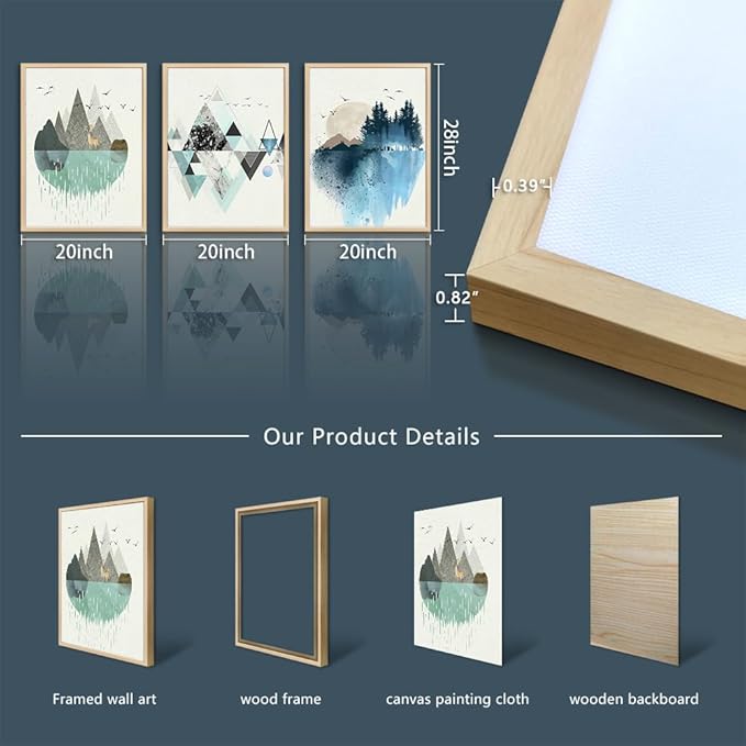 Natural Wood Framed Abstract Geometry Wall Art - Large Size, 3 Piece Framed Art Prints for Living Room, Bedroom, Office Decor