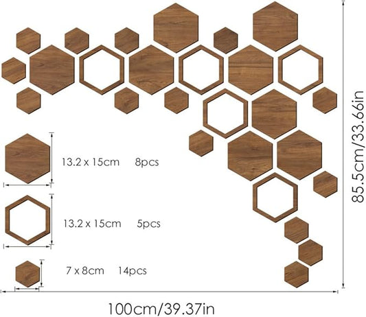 Hexagon Wood Wall Art, 27 PCS Modern Hollow Wooden Honeycomb Wall Stickers, DIY Modern Geometric Wood Wall Art Decor, 3D Wooden Hexagon Wall Tiles for Living Room, TV Background, Office
