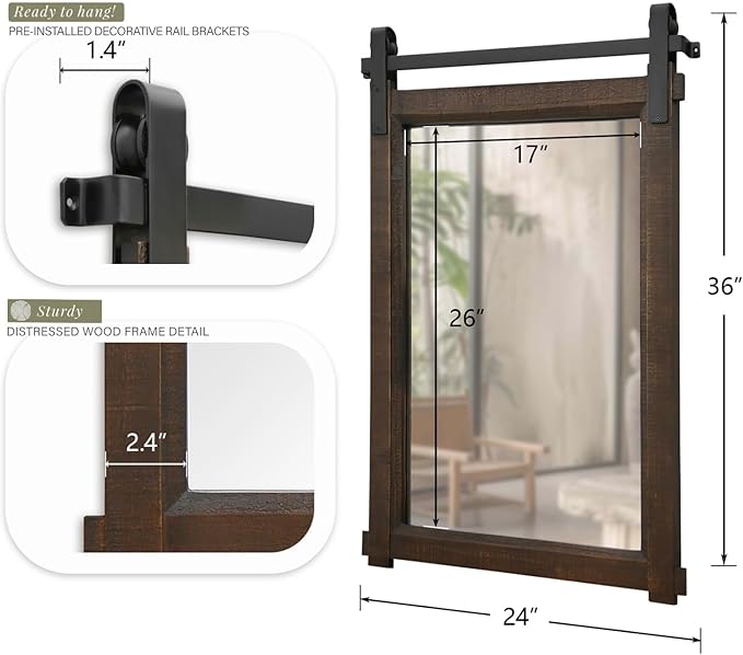Besdomus Bathroom Rustic Wall Mirror: 24"x36" Brown Barn Door Farmhouse Solid Cedar Wood Frame - Wall Vanity Mirror for Bathroom/Entryway/Bedroom - Home Decor for Modern Farmhouse Enthusiasts