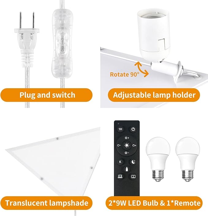 2 Pack Corner Light with 9W LED Bulb and Remote, 3 Color Temperature Corner Lamp, Dimmable Plug in Pendant Light with Acrylic Shade, Plug in Ceiling Light for Living Room, Bedroom