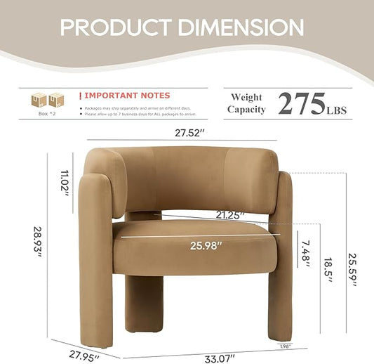 COLAMY Modern Velvet Accent Chairs Set of 2, Upholstered Barrel Chairs, Comfy Side Arm Chairs with 3 Legs for Living Room, Bedroom, Reading, Khaki