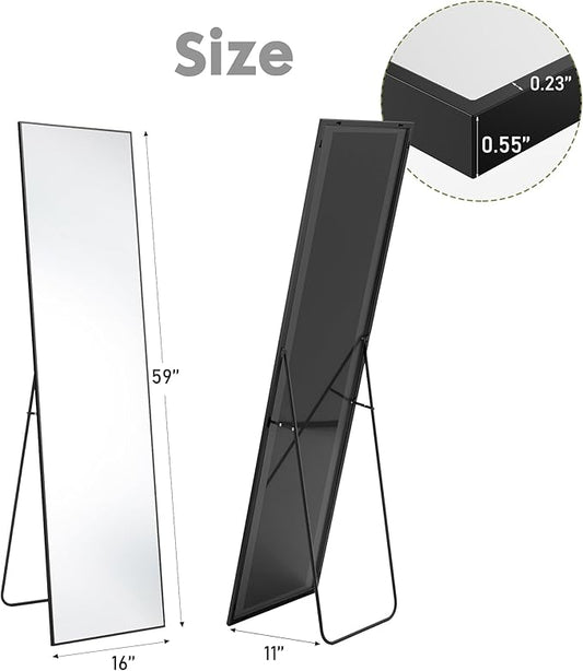 DUMOS 16"x59" Full Length Mirror with Stand, Floor Standing Aluminum Frame, Shatter-Proof Nano Glass for Bedroom, Living Room, Cloakroom – Modern Simple Home Decor,Can Be Hanging or Leaning, Black