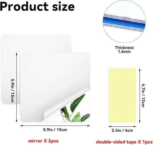 yuntop 2 Pack Self Adhesive Acrylic Mirror, 2MM Flexible Plastic Mirror, Shatterproof PS Frameless Wall Mirror for Bathroom Vanity and Entryway (6 x 6 inch)