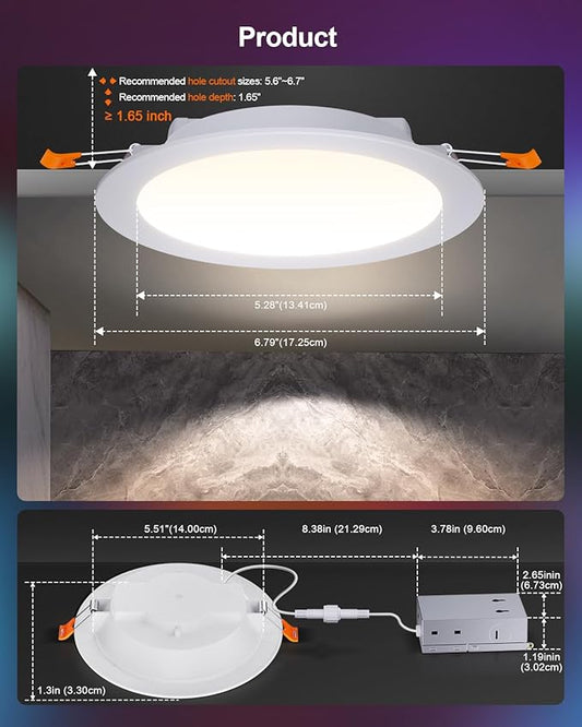 DUSKTEC Smart Recessed Lighting 6 Inch, RGBCW LED Recessed Ceiling Light Compatible with Alexa, Dimmable 16W 1500LM Canless Downlight with Junction Box for Living Room, 12 Pack
