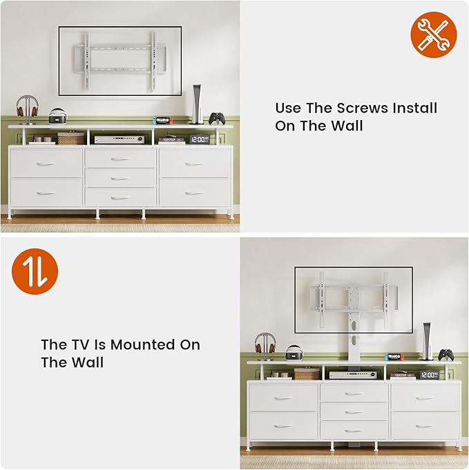 REAHOME TV Stand with Mount, 63" Entertainment Center for 32/45/55/60/65/70 inch TVs, Media Console Table with 7 Drawers, Height Adjustable Mount, Dresser TV Stand for Living Room, White