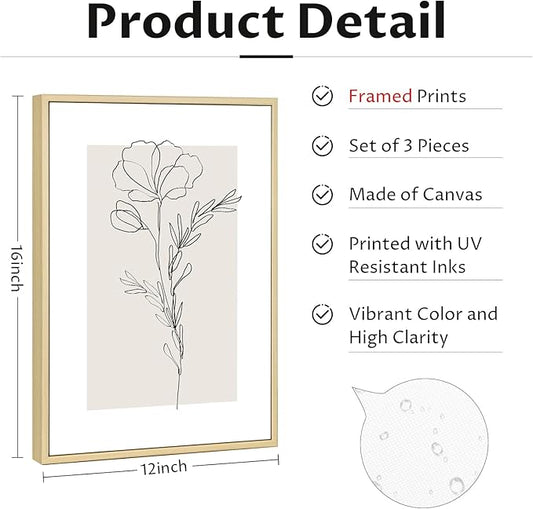 Neutral Botanical Prints Wall Art Flower Minimalist Canvas Wall Decor Vintage Line Wall Art Floral Plant Painting Pictures Beige Boho Artwork Farmhouse Poster for Bedroom 12x16 Inch Framed Set of 3