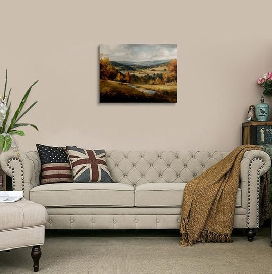 Autumn Mountain Landscape Canvas Wall Art Framed Oil Painting Moody Forest Stream Rolling Hills Calming Nature Scene Wall Decor Artwork Print Poster for Living Room Office 12x16 Inches