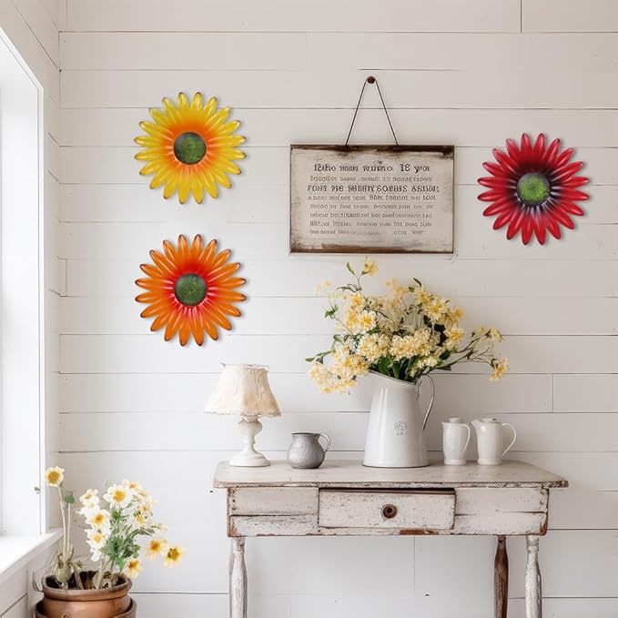 hogardeck Metal Flower Wall Decor for Indoor Outdoor, Kitchen Decor Floral Metal Wall Art, Wall Decor for Bathroom, Living Room, Porch, Garden, Yard, Backyard (3 Pcs 9'' )