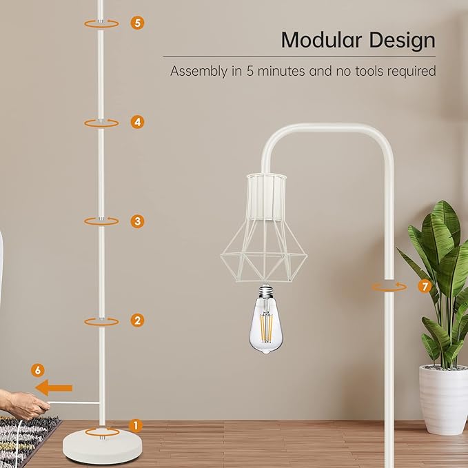 BoostArea White Floor Lamp, Industrial Floor Lamp, 63inch Standing Lamp, E26 Socket, On/Off Footswitch, Whole Metal, Modern Small Simple Stand Up Lamp for Bedroom Living Room, Vintage, Mid Century