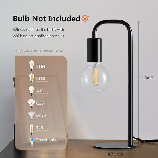Industrial Table Lamp for Bedroom, Small Table Lamps for Bedside with Wire Switch, E26 Socket Base, Modern Nightstand Lamp for Living Room, Reading, Office, Bulb Not Included.