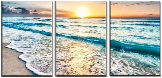 TutuBeer 3 Panel Canvas Wall Art for Home Decor Blue Sea Sunset White Beach Painting the Picture Print on Canvas Seascape the Pictures For Home Decor Decoration,Ready to Hang