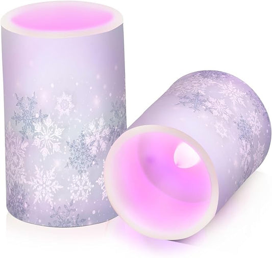 ALAZA Silver Winter Abstract Snowflakes Christmas Flickering Flameless Candles Battery Operated with Remote Timer,Tea Light Candles LED Pillar Votive Candles Set of 2 for Outdoor Indoor Decorations