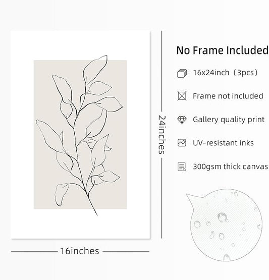 Neutral Botanical Prints Wall Art Decor Plant Minimalist Canvas Pictures Vintage Beige Wall Art Modern Farmhouse Line Poster Boho Abstract Painting Artwork for Bedroom 16x24 Inch Unframed Set of 3