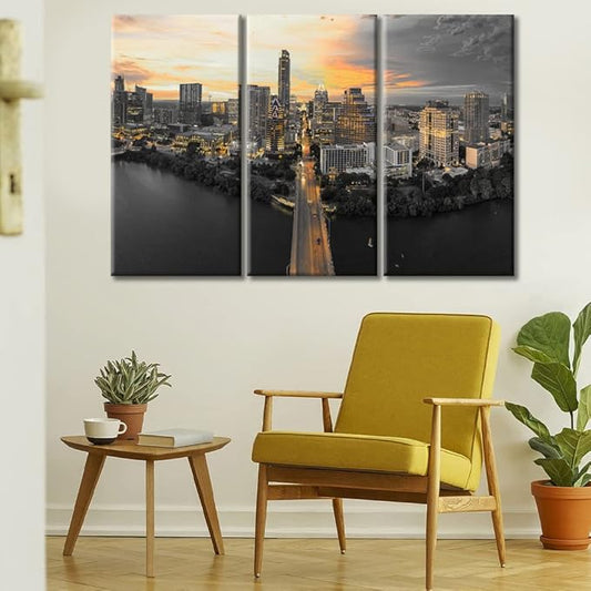 TUMOVO Austin Texas Skyline Wall Decor 3 Panels City Skyline Pictures Wall Decor for Bedroom Skyscrapers Sunset Natural Landscape Wall Decor Living Room Framed Ready to Hang (36" Wx24 H)
