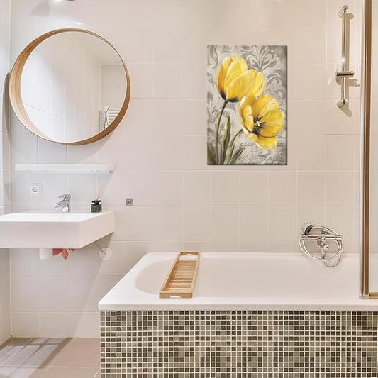 Wall HDQ Tulip Decorative Painting for Bathroom Bedroom Living Room Office Home Decor Abstract Yellow Flowers Pictures Canvas Print Framed