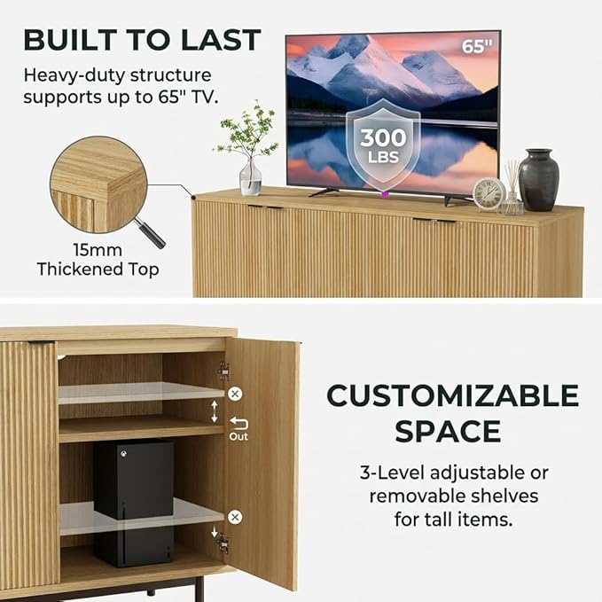 Vipbear 58 Inch TV Stand for 65 Inch TV, Modern Fluted Sideboard Buffet Cabinet with Storage, Natural Wood Media Console Table with 4 Doors and Adjustable Shelves for Living Room and Bedroom Decor