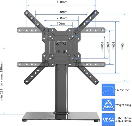 Universal TV Stand Base, Table Top TV Stand for 17-55 Inch LCD/LED TVs, Height Adjustable Monitor Mount Stand with Tempered Glass Base Holds up to 88lbs VESA 400x400mm, TS102