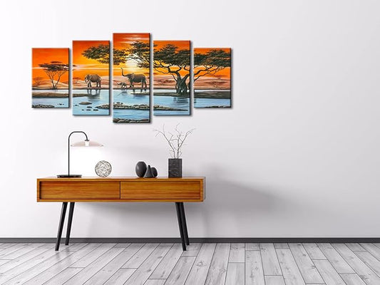 Wieco Art Elephant Family Canvas Prints Wall Art Animals Paintings Reproduction Pictures for Living Room Bedroom Home Decorations Modern 5 Panel Stretched and Framed African Landscape Giclee Artwork