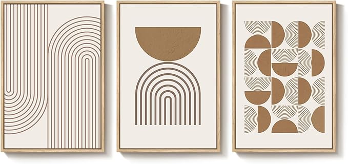 Large Framed Abstract Neutral Boho Wall Art for Living Room, 3 Piece Beige Mid Century Modern Canvas Artwork for Walls, Bauhaus Geometric Prints for Bedroom Office Dining Room Wall Decor, 24x36 Inch