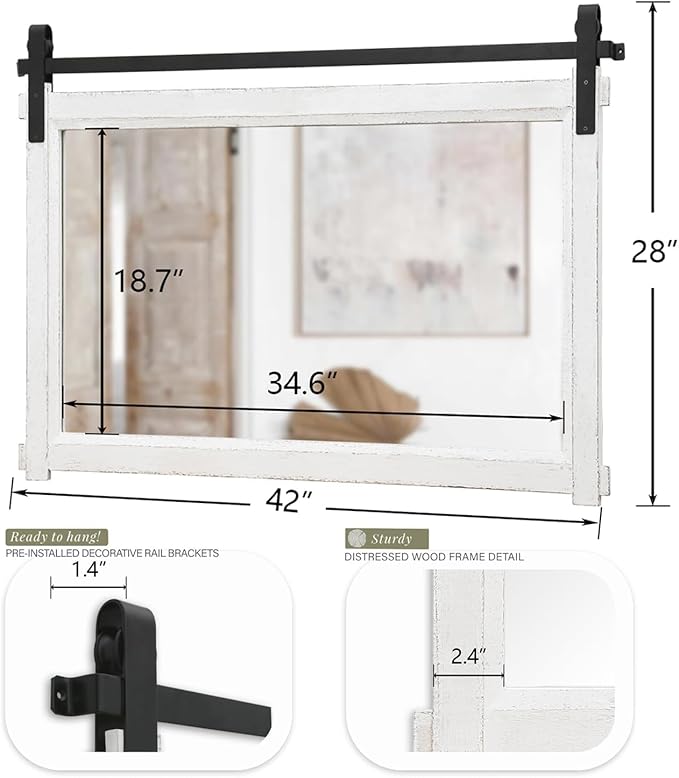 Besdomus Large Bathroom Farmhouse Mirror: 42"x28" White Barn Door Farmhouse Solid Cedar Wood Frame - Rustic Wall Decorative Mirror for Entryway/Living Room/Bathroom Redo - Home Decor for Housewife