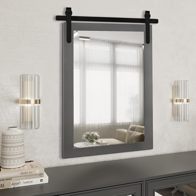 Farmhouse Wall Mirror, Rustic Wood Frame Bathroom Mirror Barn Door Inspired Decorative Vanity Dress Mirrors for Living Room Entryway, 22x30 INCH Gray Vertical