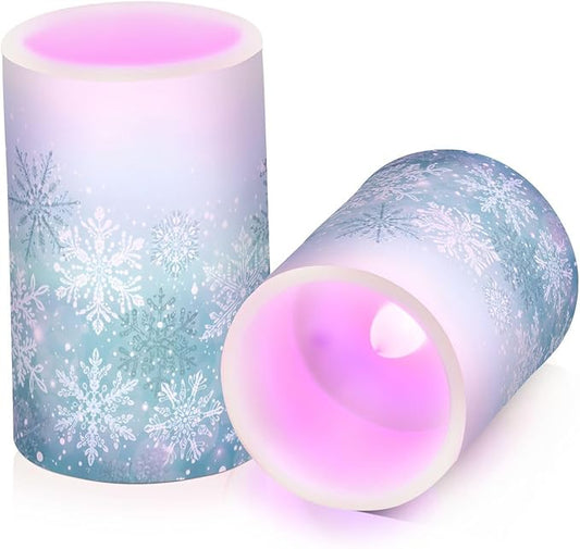 Silver Winter Teal Turquoise Snowflakes Christmas Flickering Flameless Candles Battery Operated with Remote Timer,Tea Light Candles LED Pillar Votive Candles set of 2 for Outdoor Indoor Decorations