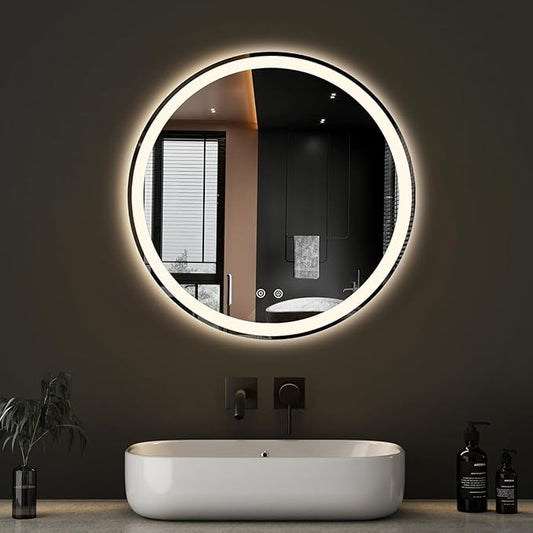 NEWBULIG 24 Inch Round LED Bathroom Wall Mirror with Lights, Light up Vanity Bathroom Mirror for Over Sink, Anti-Fog and Dimmable, Front Light and Backlit, Memory Function, Shatter-Proof, White