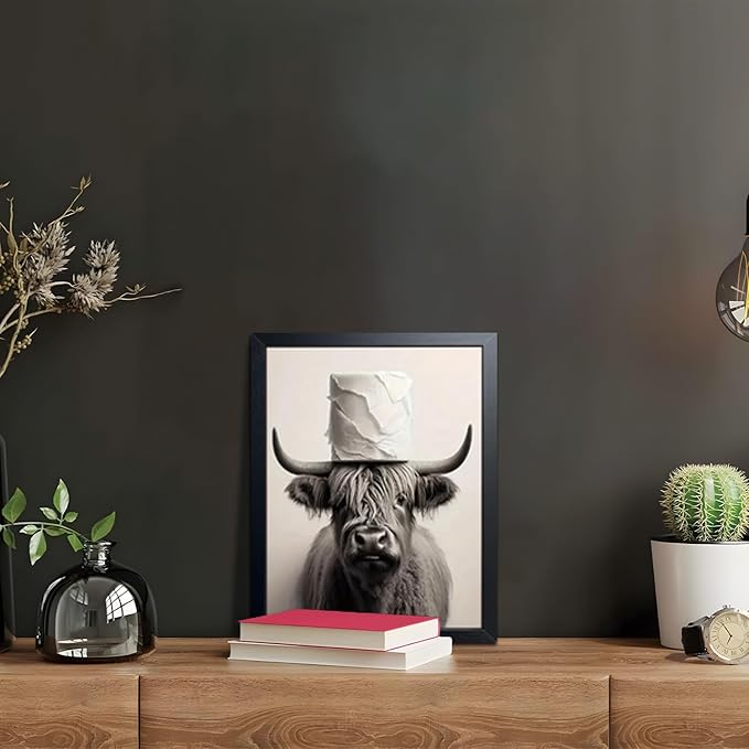 ARKZSHO Black and White Bathroom Wall Art, Funny Highland Cow Canvas Poster Print Picture, Modern Farmhouse Wall Decor Painting, Cute Animal Bathroom Restroom Home Decoration 8x10 Inch Wood Framed