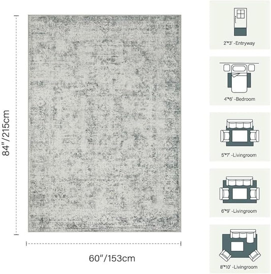Rugxara 5x7 Area Rugs for Living Room Bedroom, Grey Washable Rug, Vintage Abstract Boho Rug, Non Slip & Low Pile Faux Wool Carpet for Indoor Dining Room and Farmhouse(Grey 5x7ft)